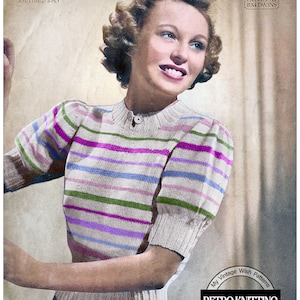1940&#39;s Rainbow Stripe Sweater PDF Knitting Pattern