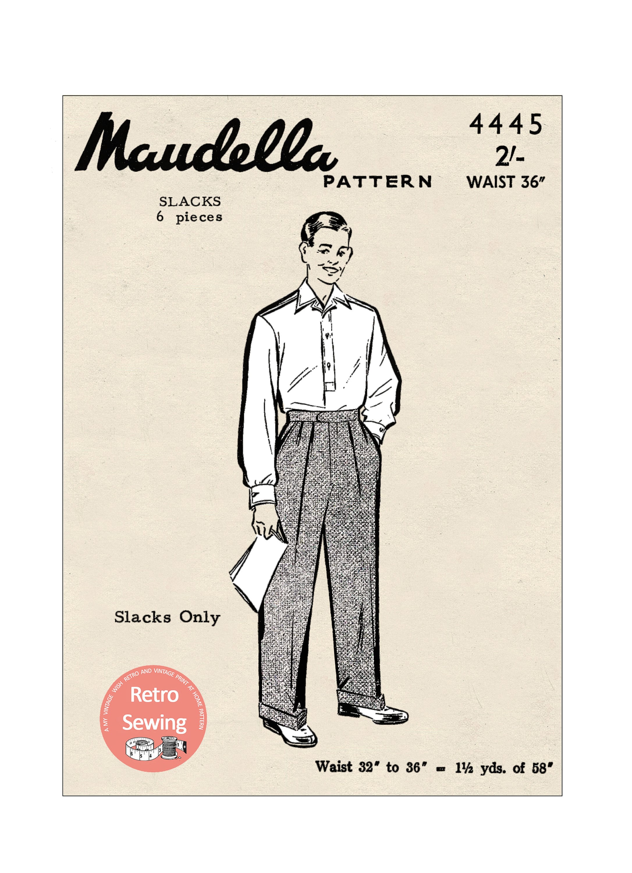 1940's Men's Flannel Trousers Ready Printed Sewing Pattern 1940's Men's Flannel Trousers Ready Printed Sewing Pattern