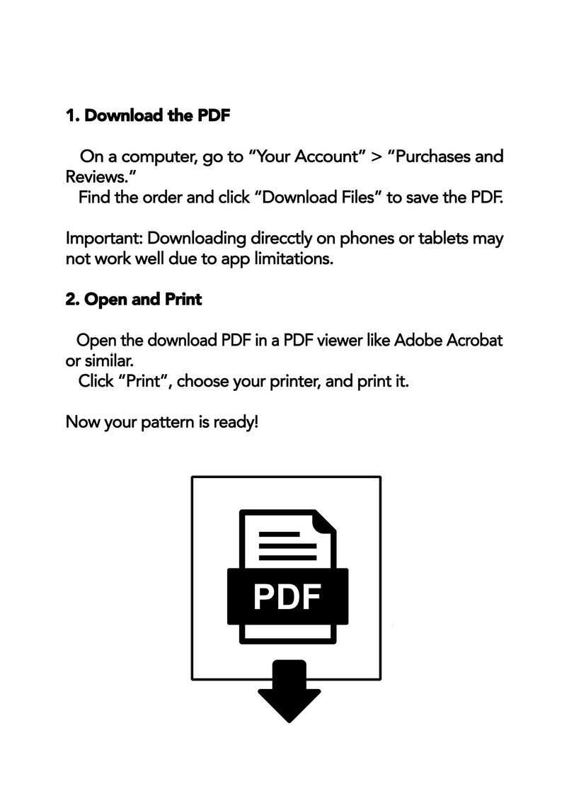 May include: A black and white illustration of a PDF document with an arrow pointing down. The text "PDF" is written on the document. The illustration shows how to download and print a PDF file.