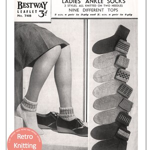 May include: A vintage knitting pattern leaflet for ladies' ankle socks. The leaflet shows a woman wearing the socks and nine different sock designs with various patterns. The leaflet is titled "Bestway Leaflet No. 748" and costs 3 1/2 pence.