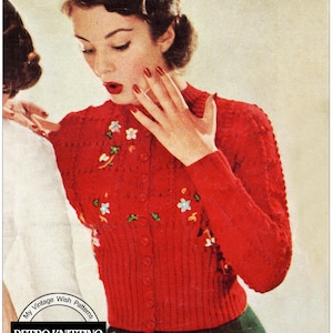 May include: A vintage knitting pattern for a red cardigan with floral embroidery. The pattern is designed to fit a 34-35 inch bust. The pattern number is 151.