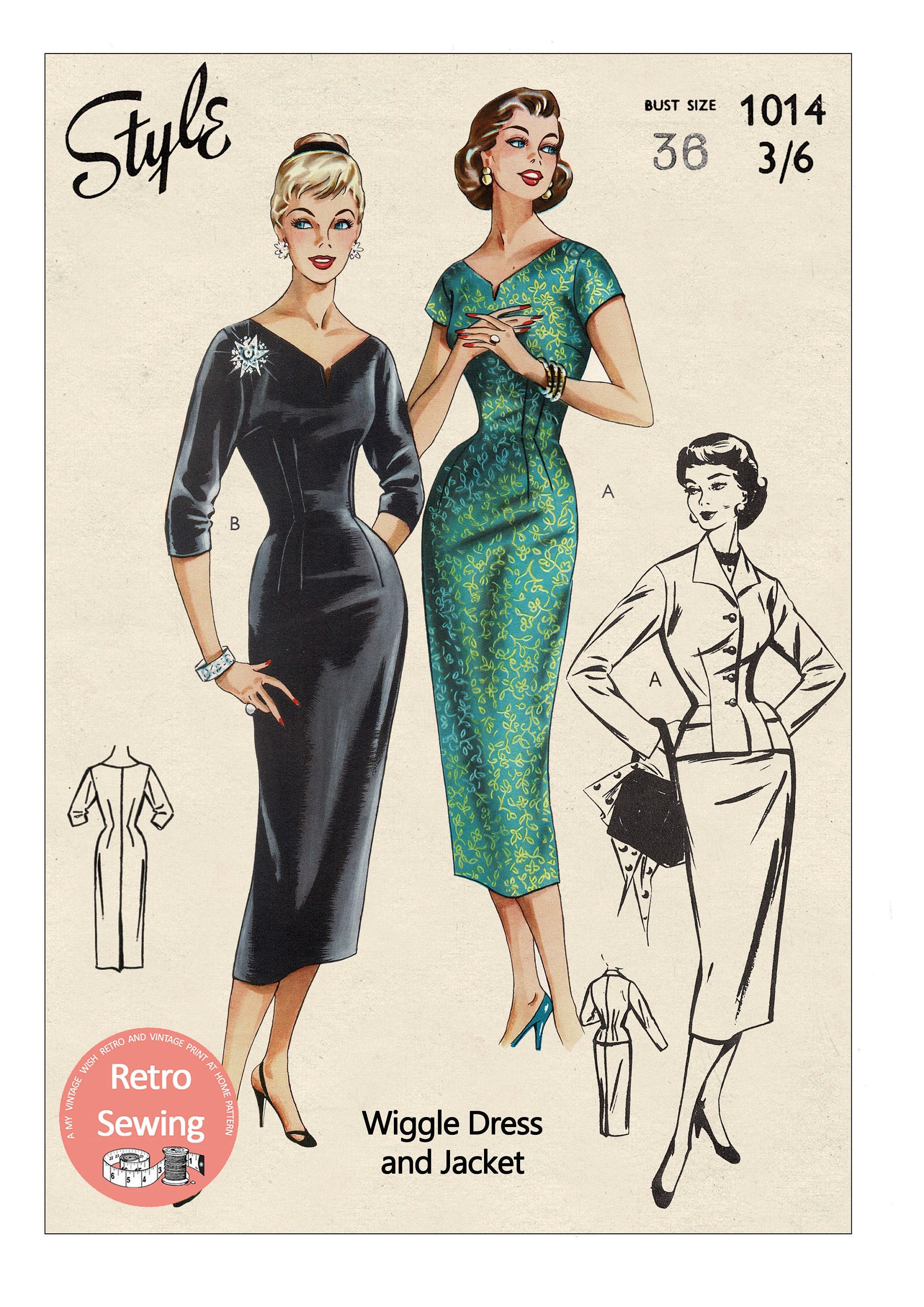 1950's Wiggle Dress and Jacket Bust 36 PDF Sewing Pattern 