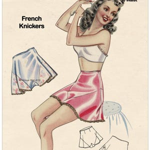 Puede incluir: Patrón de costura vintage para pantalones cortos franceses, talla 30 de cintura. El patrón incluye un dibujo de una mujer usando los pantalones cortos y un primer plano de la prenda.