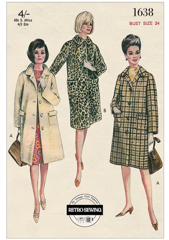 1960s Simple Classic Coat PDF Print at Home Sewing Pattern Bust 34