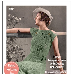 1930&#39;s Stylish Two Piece Dress and Crochet Hat PDF Knitting Pattern