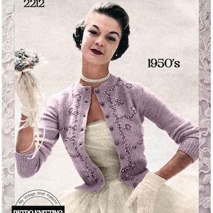 1950s Vintage Cardigan Knitting Pattern PDF | Embroidery & Beading | 5 Sizes