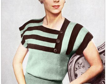 May include: A vintage knitting pattern for a striped sweater with a diagonal button closure. The pattern is for a sweater designed to fit a 34-36 inch bust. The pattern number is 1001.