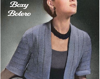 May include: A vintage knitting pattern for a 1950s boxy bolero, designed to fit a 34 or 36 inch bust. The pattern is from My Vintage Wish Patterns and features a photo of a woman wearing the finished bolero.