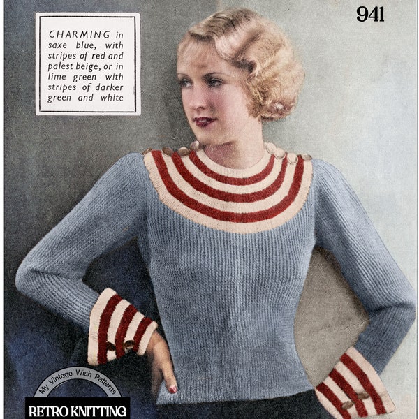 1930s Simple Yoke Sweater PDF Knitting Pattern Bust 34