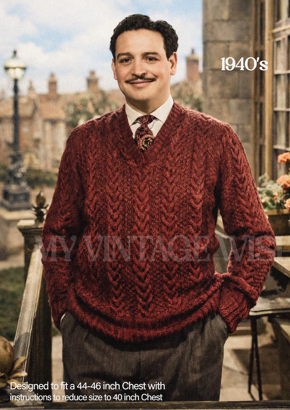 1940s Mens Cable Knit Jumper Knitting Pattern PDF | Big Size 44-46