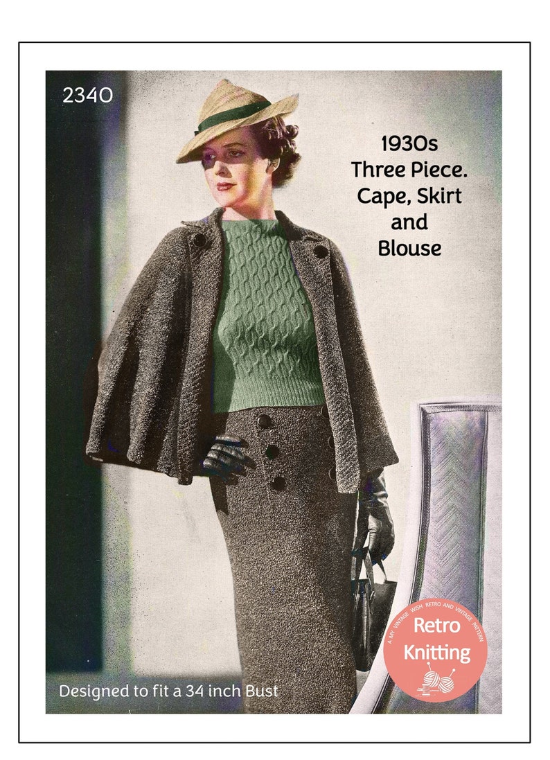 1930s Ladies Cape, Skirt and Blouse PDF Knitting Pattern image 1