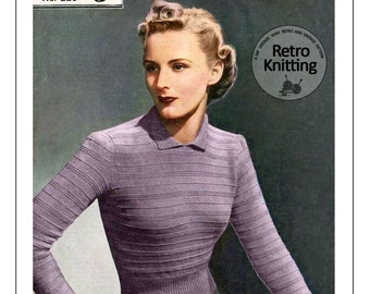 May include: A vintage knitting pattern for a tailored jumper with garter stitch stripes. The pattern is from Weldons Leaflet No. 220 and requires 7 ounces of 3-ply yarn. The pattern is designed to fit a 34-36 inch bust.