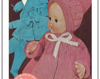 May include: A vintage knitting pattern for a doll's outfit. The pattern is for a 16-inch doll and includes a pink coat, hat, and blue pants. The pattern is called "Bestway Knitwear" and the number is B3038. The pattern is for double knitting and requires 7 ounces of yarn.