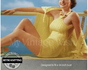 Vintage 1930s Knitted Bathing Suit with Cape Pattern (PDF Download)