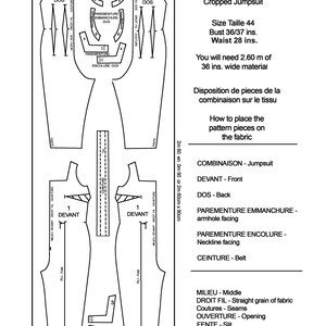 May include: A black and white sewing pattern for a cropped jumpsuit. The pattern includes instructions for cutting and sewing the fabric pieces. The pattern is labeled with the French words "Combinaison-Corsaire" and "Cropped Jumpsuit".
