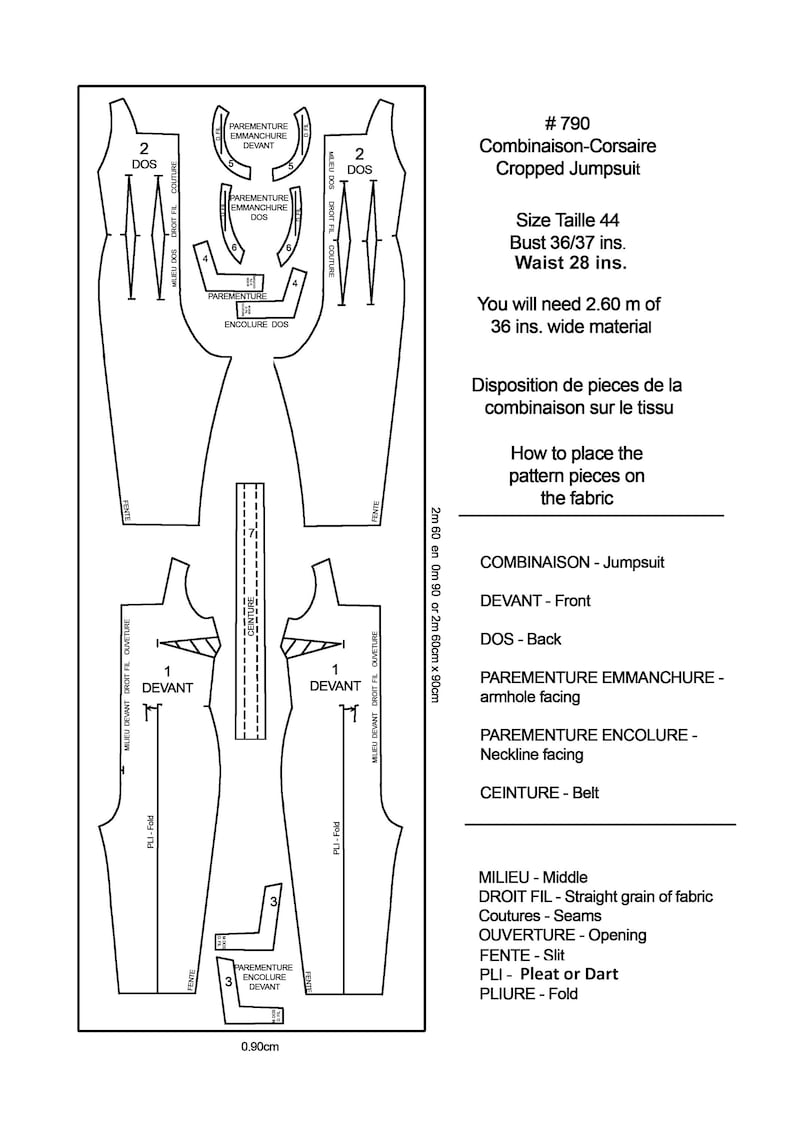 May include: A black and white sewing pattern for a cropped jumpsuit. The pattern includes instructions for cutting and sewing the fabric pieces. The pattern is labeled with the French words "Combinaison-Corsaire" and "Cropped Jumpsuit".
