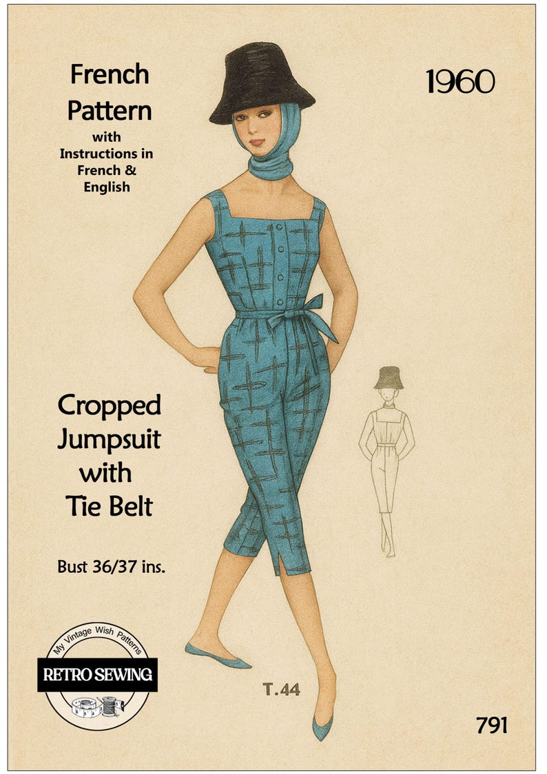 1960's Cropped Summer Jumpsuit PDF Sewing Pattern Bust 36-37 ins image 1