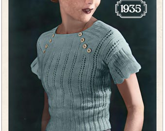 1930s Vintage Knitting Pattern PDF – Flared Sleeve Jumper – Bust 34 – Digital Download
