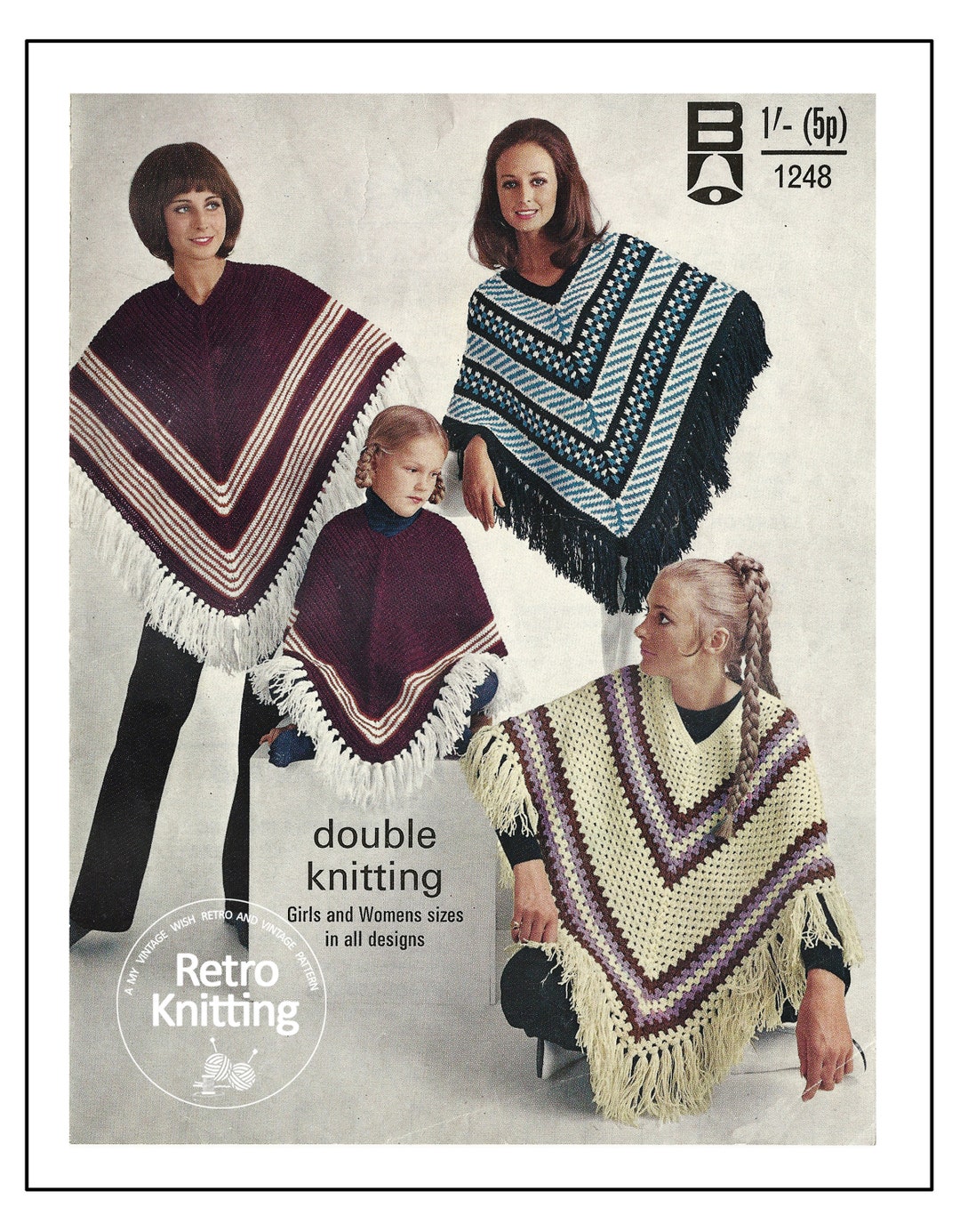 1970s Crochet & Knit Poncho Pattern: Fair Isle, Striped (PDF