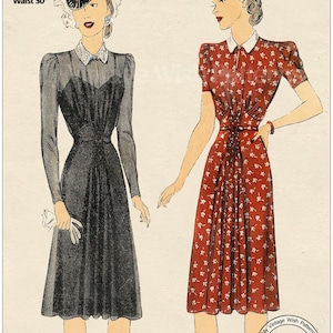 1940s Tea Dress Sewing Pattern PDF – Vintage Cocktail or Day Dress – Bust 36” Waist 30” – Instant Download