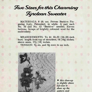 May include: Close-up of a white knitted sweater with a floral embroidery design. The sweater is made with a beehive stitch and has a textured look. The image includes instructions for making the sweater, including the materials, measurements, and tension.
