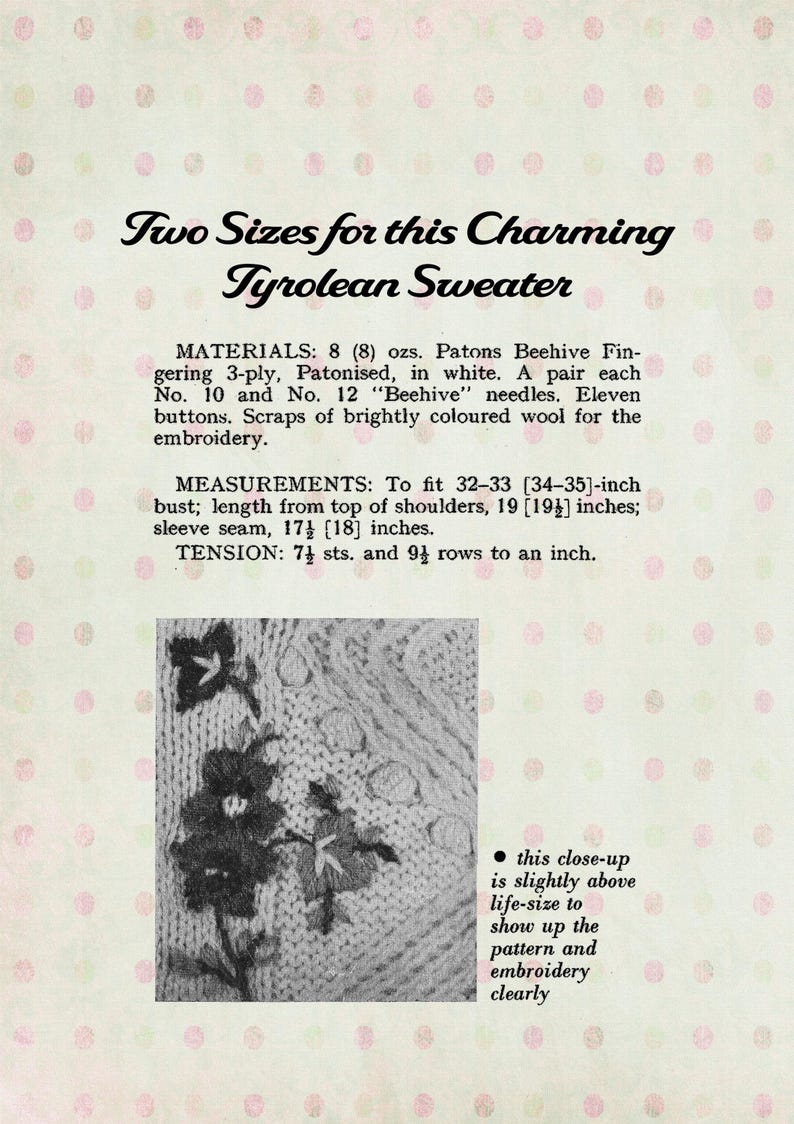 May include: Close-up of a white knitted sweater with a floral embroidery design. The sweater is made with a beehive stitch and has a textured look. The image includes instructions for making the sweater, including the materials, measurements, and tension.