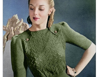 May include: A vintage knitting pattern for a green sweater with a beehive stitch. The pattern is designed to fit a 32-33 inch bust. The pattern is from "My Vintage Wish Patterns" and is called "Retro Knitting".