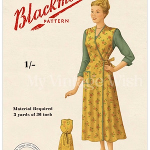 Puede incluir: Ilustración de un patrón de costura vintage con una mujer con un vestido cruzado amarillo floral y mangas verdes. El patrón está etiquetado como "Blackmore" e incluye medidas. El texto dice "Material requerido 2.7 metros de 91 cm".