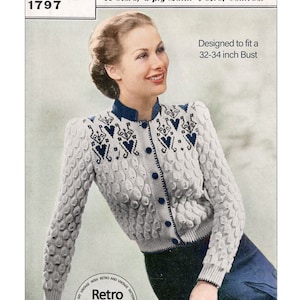 May include: A vintage knitting pattern for a white Tyrolean jumper with a blue fair isle yoke. The pattern is for a 32-34 inch bust and requires 11 ounces of 3-ply yarn and 1 ounce of contrast yarn.