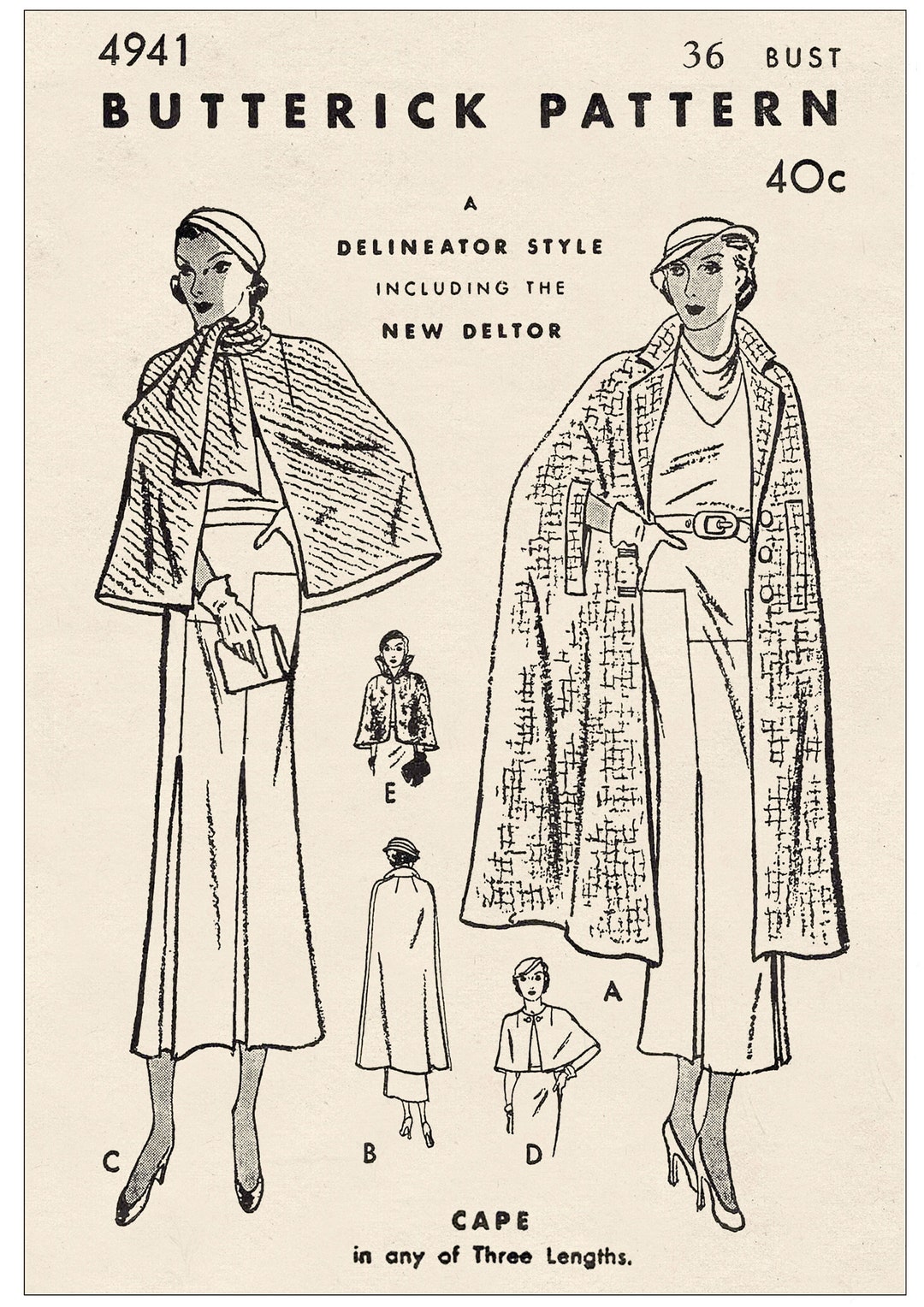 1930s Vintage Cape Sewing Pattern – Three Lengths, Printed Paper ...