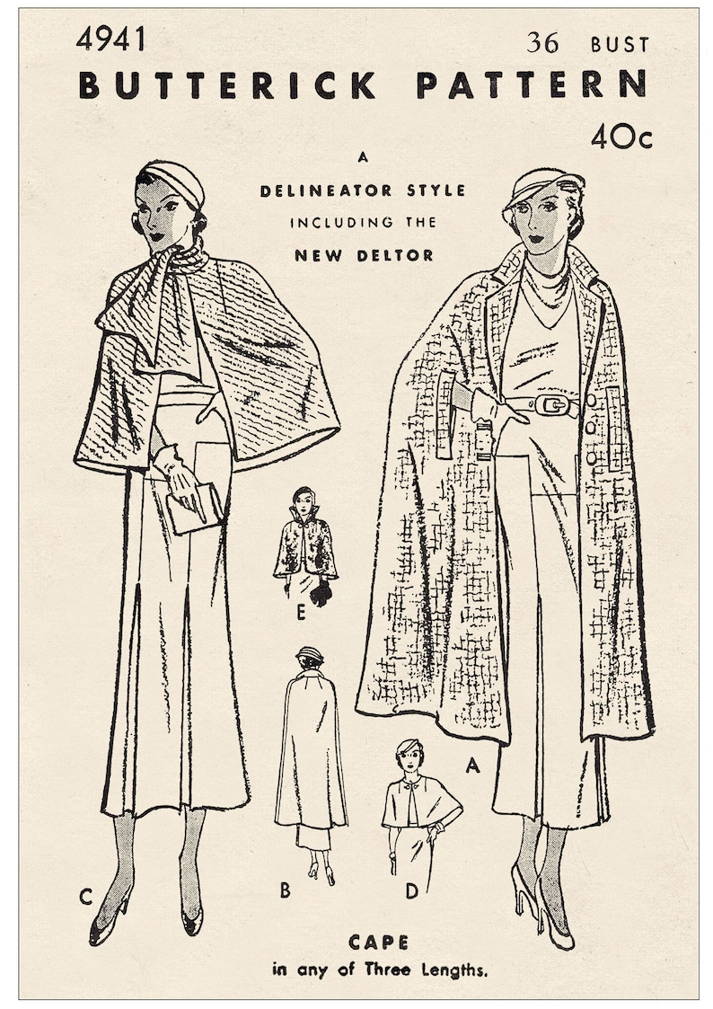 1930s Vintage Cape Sewing Pattern – Three Lengths, Printed Paper ...