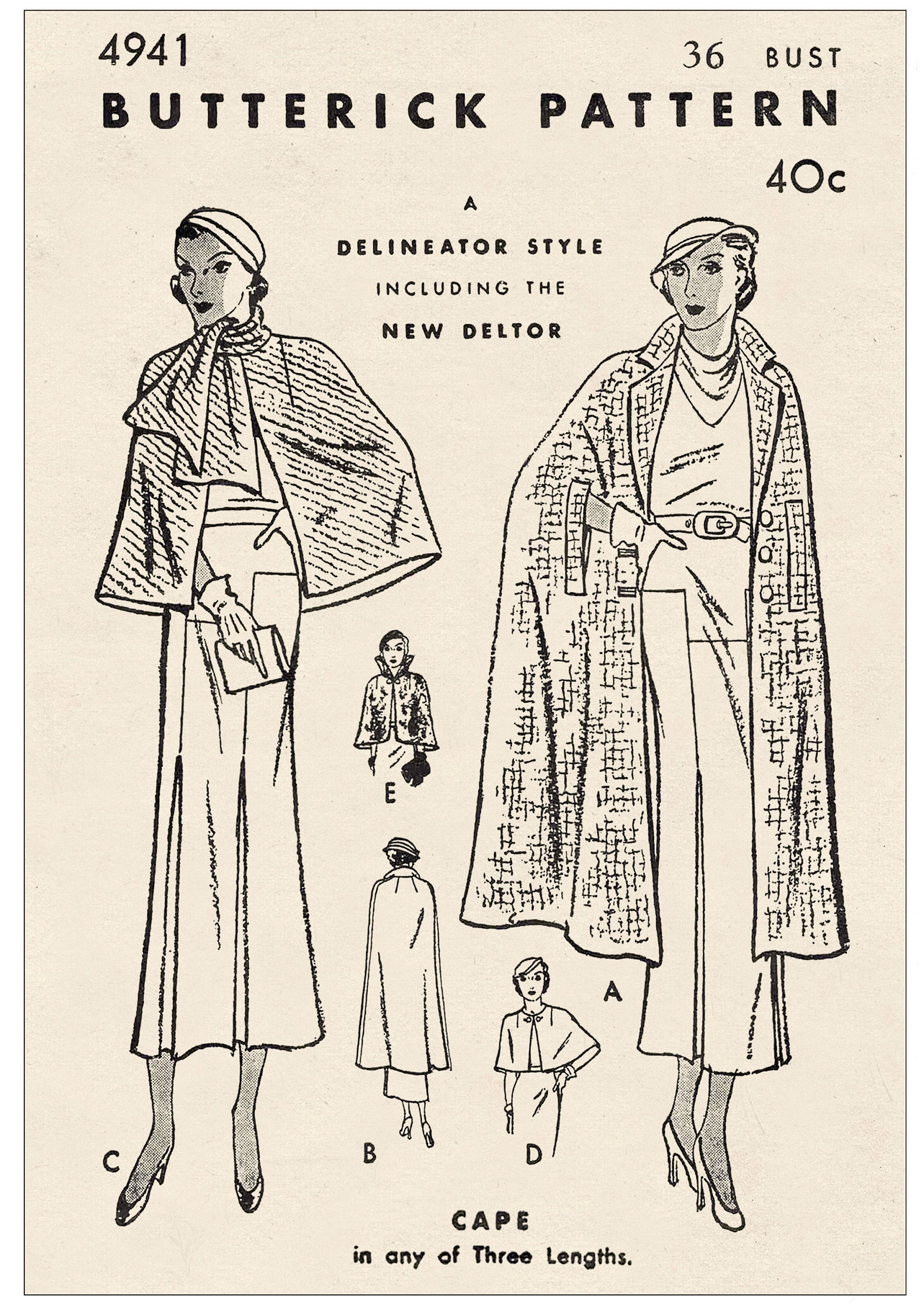 1930s Vintage Cape Sewing Pattern – Three Lengths, Printed Paper Pattern, Retro Cloak, Historical Fashion