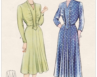 Patrón de costura para vestido de té de los años 40 (PDF): Talla grande, busto: 42"