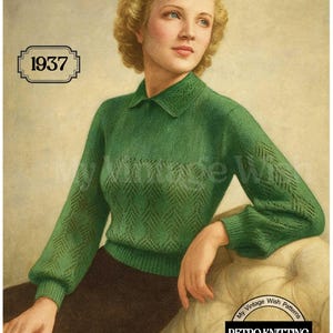 May include: A vintage illustration featuring a woman in a green knitted sweater with a collared neckline and patterned sleeves. The image includes the text "1937", "3997", and "Designed to fit up to a 91 cm bust". The image also includes the text "My Vintage Wish Patterns" and "Retro Knitting".