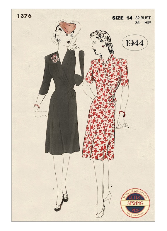 1940 s Wartime Wrap Bodice Tea dress Pattern Bust 32