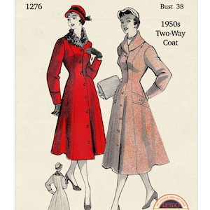 Może przedstawiać: Wzorzec szycia vintage na dwustronny płaszcz z lat 50. Wzorzec jest dla obwodu klatki piersiowej 96,5 cm i jest oznaczony jako "Weldons Pattern 2 1/2" i "1276".