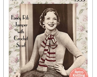 1930's Fancy Rib Jumper with Crochet Scarf PDF Knitting Pattern Bust 34-36
