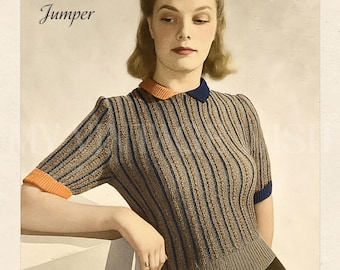 1940s Striped Sweater PDF Knitting Pattern, Vintage Wartime Jumper Download