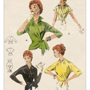 1950s Wrap Blouse Sewing Pattern PDF | Vintage Surplice Top Pattern Bust 32