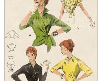 1950s Wrap Blouse Sewing Pattern PDF | Vintage Surplice Top Pattern Bust 32