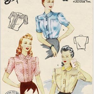May include: Vintage sewing pattern for a blouse with a Peter Pan collar and puffed sleeves. The pattern includes three different styles: a blue blouse, a pink polka dot blouse, and a striped blouse. The pattern is for a bust size of 32 inches.