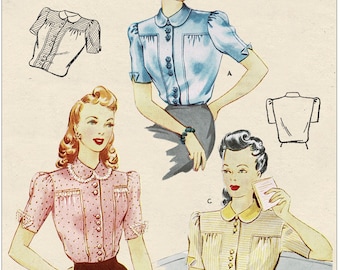 1940er Jahre WWII Bluse mit Passe vorne Schnittmuster – PDF Download – Büste 82 cm