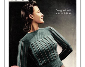 1940s Wartime Ribbed Jumper PDF Knitting Pattern Bust 34