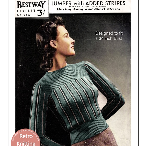 1940s Wartime Ribbed Jumper PDF Knitting Pattern Bust 34