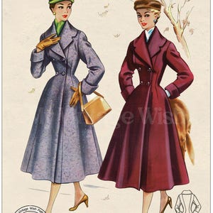May include: Vintage sewing pattern illustration featuring two women in stylish coats. The coats are in shades of purple and burgundy, with matching hats and gloves. The image includes the text "Style", "Retro Sewing", and bust size information.