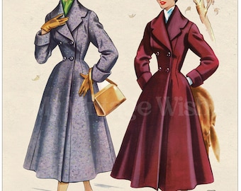 1950s Women’s Double Breasted Coat Sewing Pattern PDF Download – Shawl Collar, Bust 36