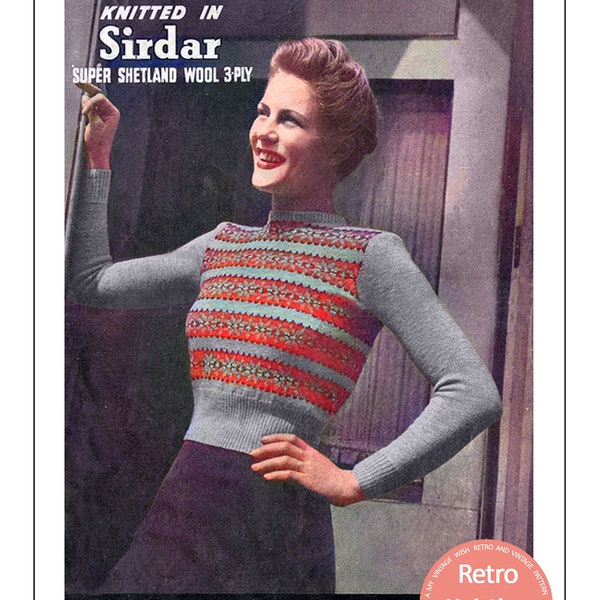 1940's Wartime Fair Isle Jumper PDF Knitting Pattern Bust 34