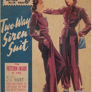 1940s WII Vintage Sewing Pattern - Two Way Siren Suit  - Bust 36