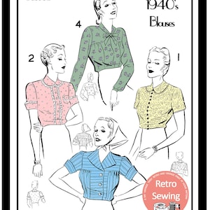 May include: A vintage sewing pattern for four different 1940s blouses. The pattern includes instructions for a green, pink, yellow, and blue blouse. The pattern is labelled #106.