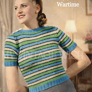 1940s Easy Striped Blouse Knitting Pattern PDF – Vintage Short Sleeve Jumper